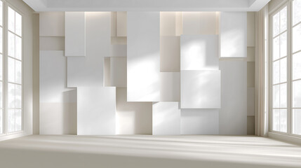 Cloud Dancer themed Modern Empty Room Interior with Geometric White Paneled Wall and Large Windows, Bathed in Soft Natural Light, Ideal for Product Display Colour of the Year 2026