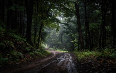 Obraz premium Muddy, winding dirt road through a vibrant, green forest with sunlight peeking through the canopy