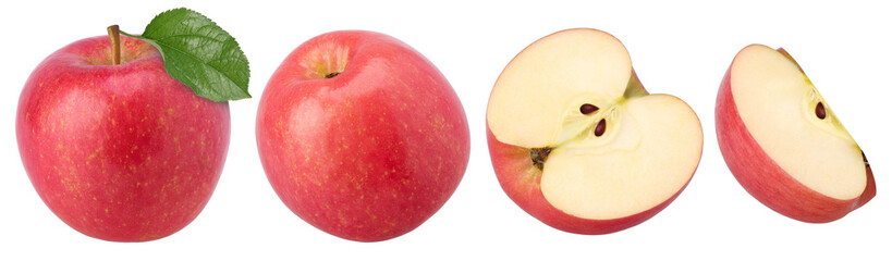 pink apple with leaves, half and slices isolated, transparent PNG, PNG format, collection