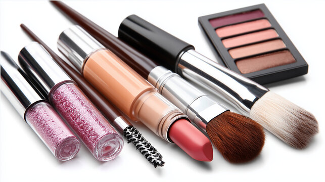 lip gloss, eye shadow palettes, lipstick, foundation, concealer, makeup brushes as a border