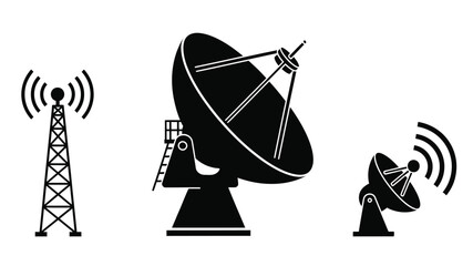 Communication technology icons satellite dish cell tower and radio signal waves