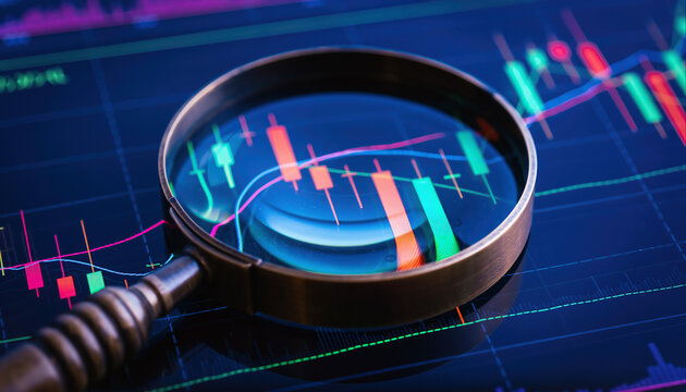 Market trends show statistical data with a magnifying glass on a digital chart in an analytical setting
