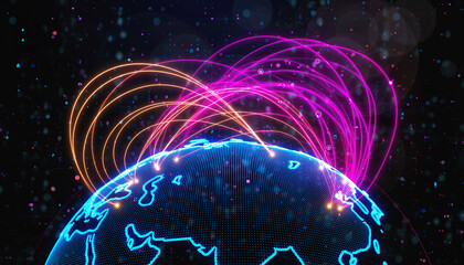 Global network connections shown with colorful lines across a digital earth map in a dark background with effects
