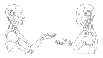 Two robotic heads facing each other with outstretched hands in a sketch
