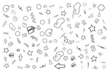 charming hand-drawn doodle seamless pattern with stars, gifts, arrows, waves, triangles, abstract shapes and playful elements for festive backgrounds and designs