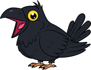 Cartoon black crow with open beak and large yellow eyes bird dark