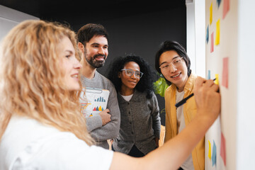 Diverse business team collaborating during a brainstorming session in a modern office