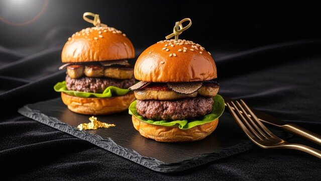 Gourmet Burger Sliders with Foie Gras and Truffle on Slate Plate