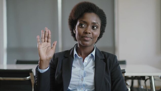 Confident African American businesswoman raising her hand to ask a question in a modern office meeting room for participation concept and active engagement.