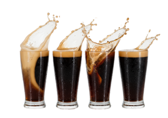 Four identical cold conical pint glasses of dark stout with creamy foam, condensation, and synchronized liquid splash against a high-key reflective white studio background. Concept for premium stout
