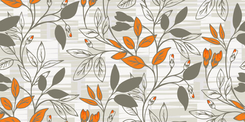 Fototapeta premium Elegant vector botanical pattern featuring stylized branches, leaves, and buds in earthy orange and taupe tones on a textured geometric background. Ideal for fabric, packaging, and decor