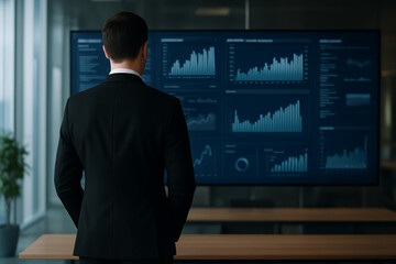 A businessman in a black suit views a large digital screen displaying financial and business data dashboards with charts graphs and analytics in a modern corporate office meeting room