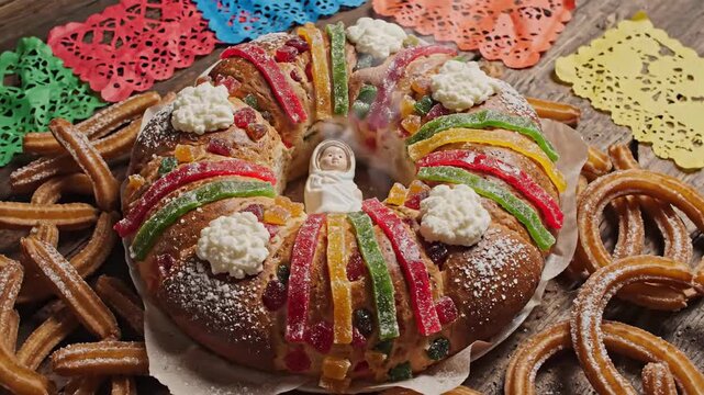 Traditional Rosca de Reyes with colorful decorations and churros for Three Kings Day celebration.