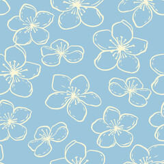 Obraz premium Seamless vector pattern with soft cream line art flowers on a light blue background. Minimal, airy floral design for textiles, stationery, packaging, and modern decorative projects