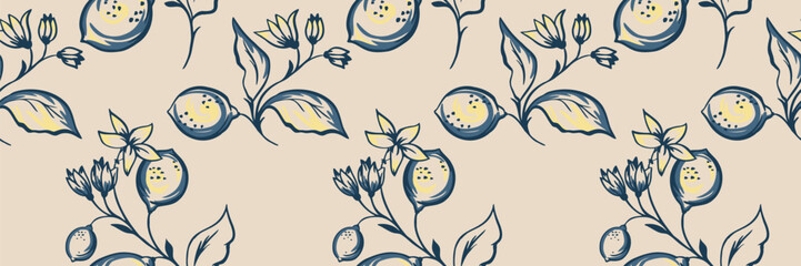 Seamless vector pattern with expressive hand drawn lemon branches, blossoms and leaves in bold blue strokes with soft yellow accents on a beige background. Perfect for textiles elegant surface design