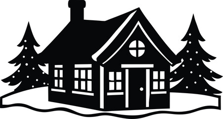 Fototapeta premium rustic winter house silhouette in snowy landscape