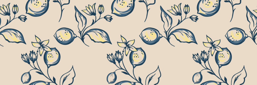 Seamless vector pattern with expressive hand drawn lemon branches, blossoms and leaves in bold blue strokes with soft yellow accents on a beige background. Perfect for textiles elegant surface design