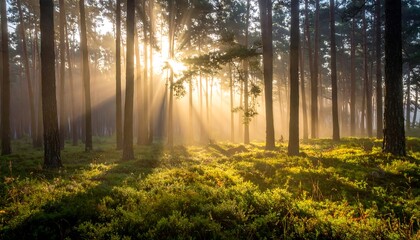 Fototapeta premium Sun rays filter through the forest trees, illuminating the lush undergrowth on the forest floor at golden hour