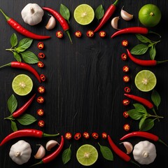 Fresh red chili peppers and green lime slices frame on dark black wood background with garlic cloves and basil leaves top view flat lay concept for spicy asian food menu design copy space