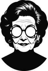 Highcontrast graphic portrait of a stylish elderly woman with coiffed hair and large round glasses.