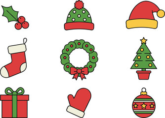 Christmas icon collection, festive holiday symbols, seasonal decorful graphic set, cad drawing flat vector illustration