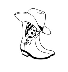 A cowboy hat and cowboy boots drawn with lines. An outline illustration of cowboy boots. Farmer's clothing in the Wild West. Shoes and hats are symbols of America and the state of Texas.