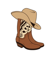 A cowboy hat and brown cowboy boots. An outline illustration of cowboy boots. Farmer's clothing in the Wild West. The boots and hat are symbols of America and the state of Texas.