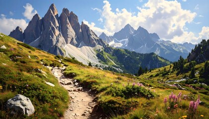 Fototapeta premium Scenic mountain vista with wildflower-filled meadow leading to jagged peaks under a partly cloudy sky