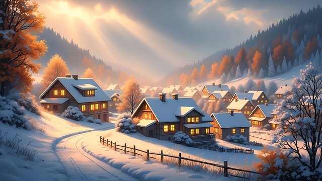 Cozy winter village nestled in a snowy valley at sunset, warm lights glowing from the windows of wooden houses surrounded by snowcovered trees and rolling hills under dramatic sunbeams - Powered by Adobe