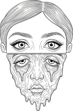 Surreal line drawing of a womans face horizontally split revealing a beautiful top and a melting grotesque bottom.