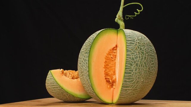 Rotating sliced green netted melon on black background. Fresh orange flesh fruit on wood. Cinematic food concept.