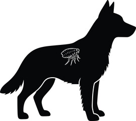 Silhouette dog with flea, pet parasite infestation concept, veterinary health awareness illustration, canine pest control problem, black animal figure isolated on white background