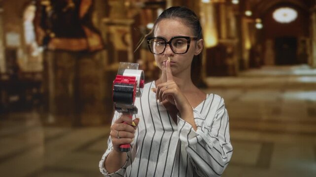 Woman holding tape dispenser with finger to lips for silence inside a church building, wearing glasses and striped shirt, frontal pose; serious caution.