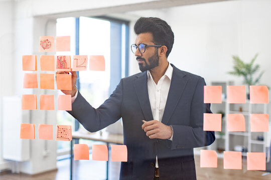 An Indian businessman is seen analyzing sticky notes on a glass wall, brainstorming ideas for a project