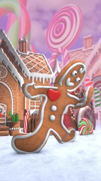 Cute Gingerbread man dancing salsa in a candy village. Seamless funny Christmas vertical video with gingerbread house and sweets.