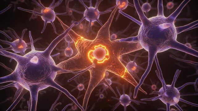 Animated visualization of neurons in the nucleus accumbens, with a central glowing cell.