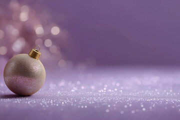 Purple ornament resting on shimmering surface with soft bokeh effect.