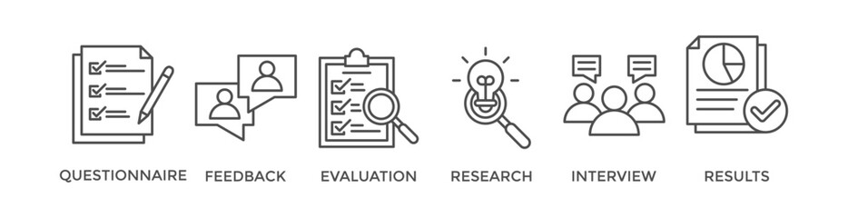 Survey banner web icon vector illustration concept for customer satisfaction questionnaire feedback with icon of evaluation, research, interview and result