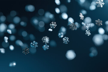 Snowflakes floating among blurred blue spheres in dreamlike winter setting.