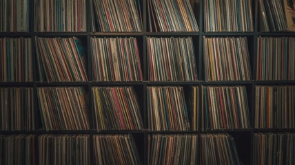 A vast collection of vintage vinyl records neatly organized on shelves music