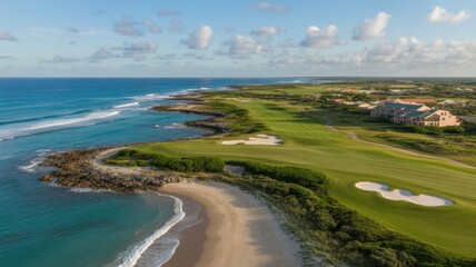 Aerial view of a coastal golf course with turquoise ocean and sandy beach perspective