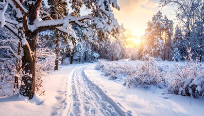Snowy path curves through a sunlit forest, trees laden with snow, sunrise/sunset glow
