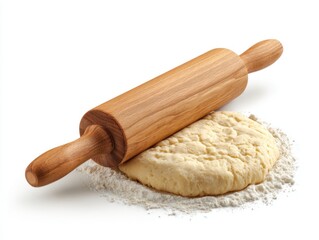 Raw dough and rolling pin isolated on white background, homemade