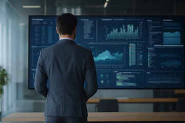 A businessman in a dark blue suit stands looking at a large screen displaying complex financial data, bar charts, and line graphs in a bright, modern corporate meeting room