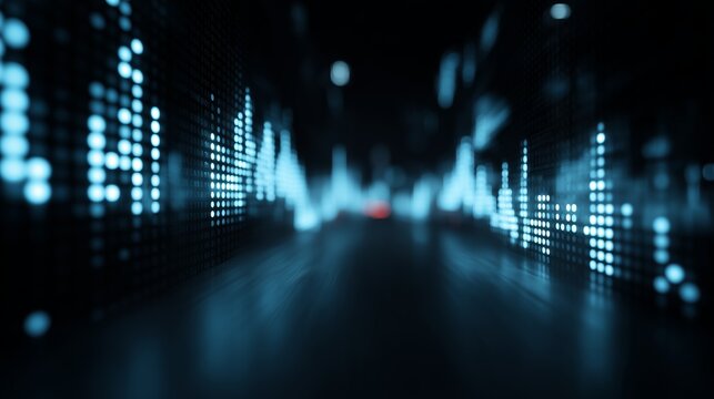 Abstract blurred glowing blue-led lights representing stock market data trails in a futuristic financial technology setting. - Powered by Adobe