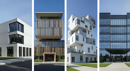 Modern architecture collage featuring contemporary office buildings with sleek designs and glass facades in an urban business park setting