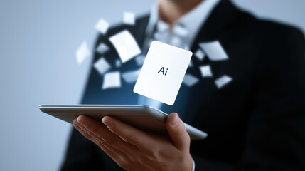 Professional businessman manages documents with AI while working on laptop in modern office environment.