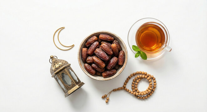 flat lay islamic ramadhan object dates tasbih
