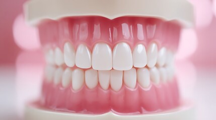 Fototapeta premium Artificial dental model showing clean white teeth and pink gums with dental theme in close up view.