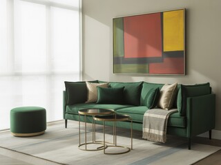 Deep green velvet sofa with abstract art and nesting tables couch furniture